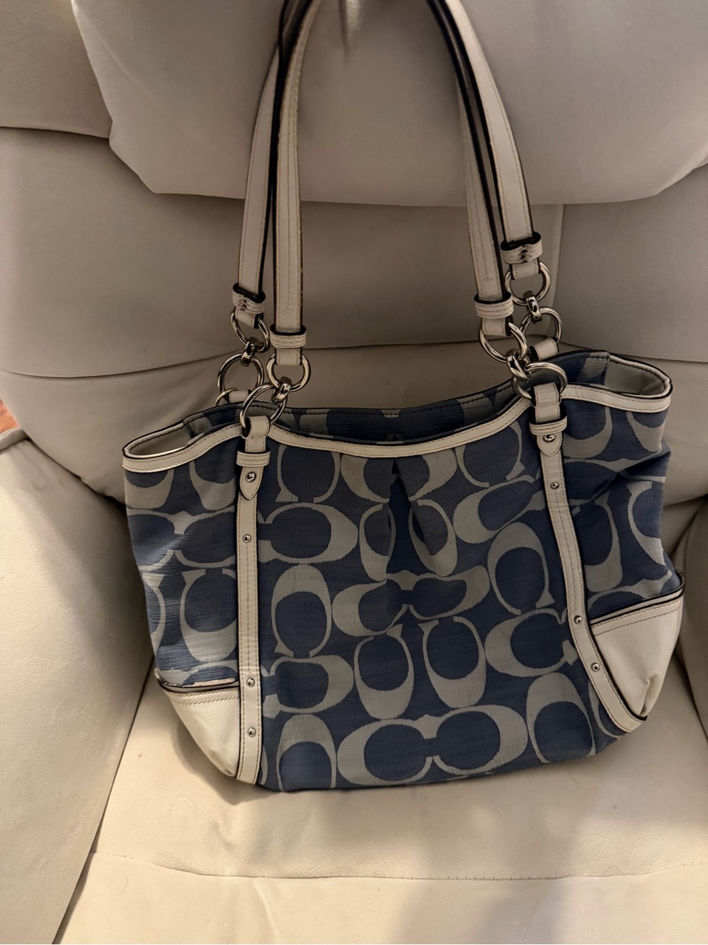 Coach Blue Signature Canvas Shoulder Bag with White Trim